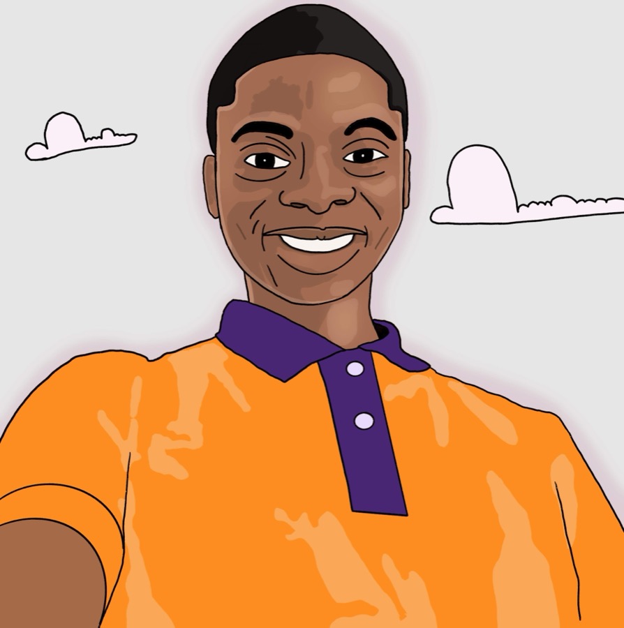 Illustrated portrait of Ridwan Kasim smiling, in an orange polo